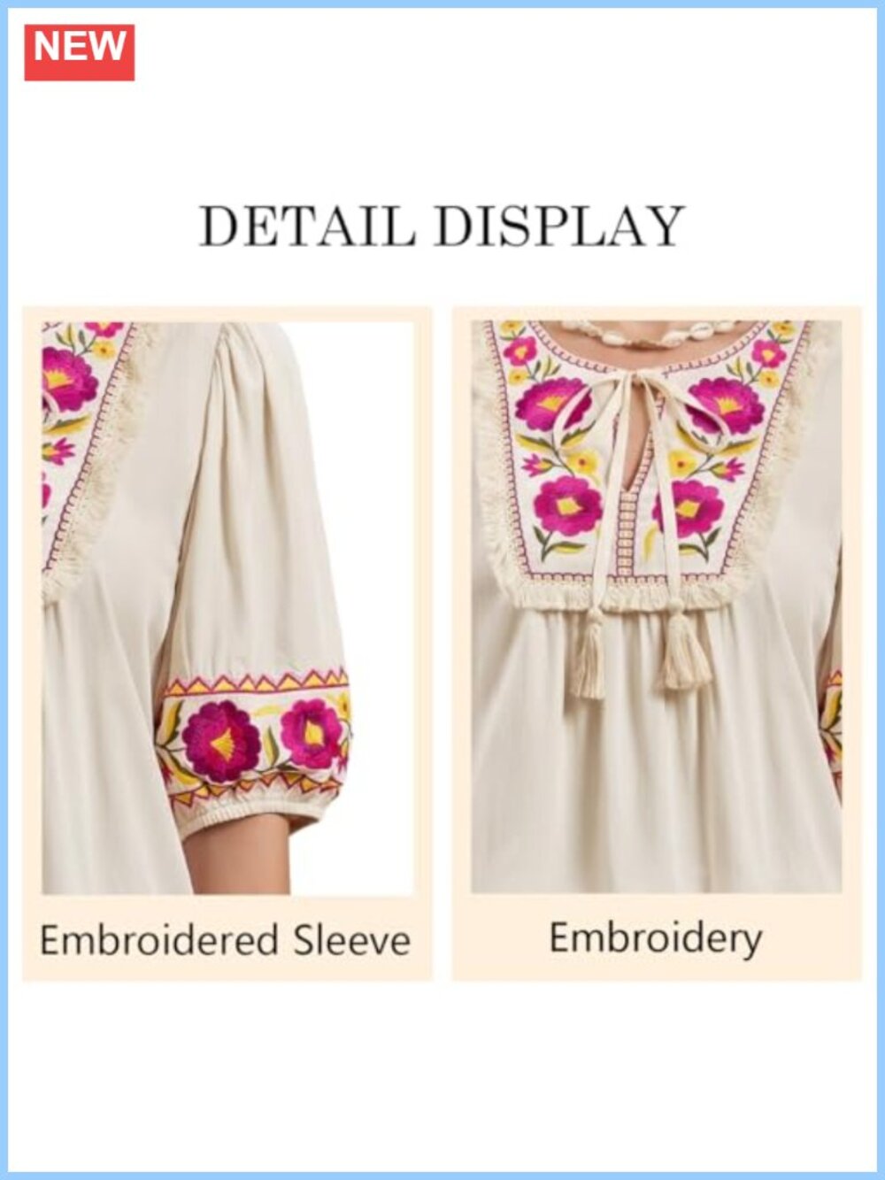 Women's Embroidered Boho Tunic Blouse Puff Short Sleeve Floral Tassel - Picture 5 of 6